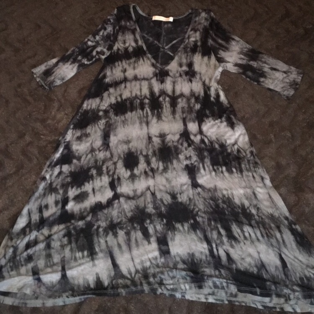 Black and Grey Tye-Dye Dress with Cross Neckline